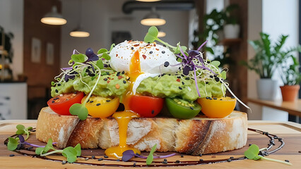 Fresh avocado toast topped with poached egg cherry tomatoes and microgreens shot in trendy brunch cafe environment with natural light