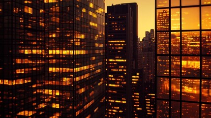 Illuminated cityscape at dusk, high angle view of skyscrapers with glowing windows.