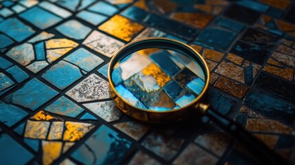 Magnifying glass on colorful mosaic tile.