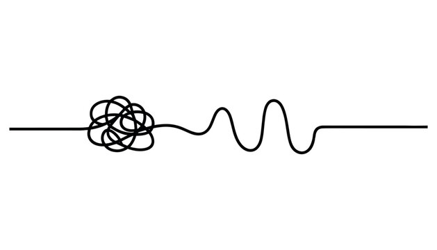 Black tangled line transforming into a wavy line on white background messy line knot