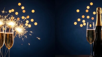 Festive Champagne Glasses with Sparklers and Bottle Against Golden Bokeh Lights on a Dark Blue Background, Celebrating New Year's Eve