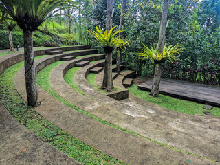 Discover a serene outdoor amphitheater, perfect for events, presentations, or peaceful gatherings in a lush tropical garden setting with unique trees