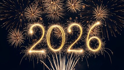 Bright Golden Sparkler Fireworks Illuminate 2026 Against Dark Night Sky, Symbolizing New Year Celebration and Future Hope.