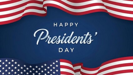 Happy Presidents' Day Celebration Banner with Waving American Flag and Patriotic Background, Honoring US Leaders and National Heritage