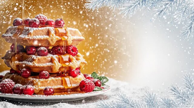 Waffles Winter Edition, warm honey gold to icy white gradient, stack of crispy waffles topped with powdered sugar, winter berries, and dripping maple syrup