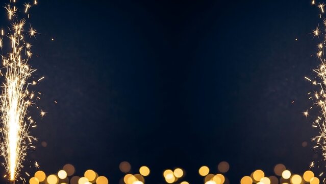 Sparkling Golden Sparklers and Soft Bokeh Lights on Dark Blue Background for Festive Celebrations and New Year's Eve Events - Powered by Adobe