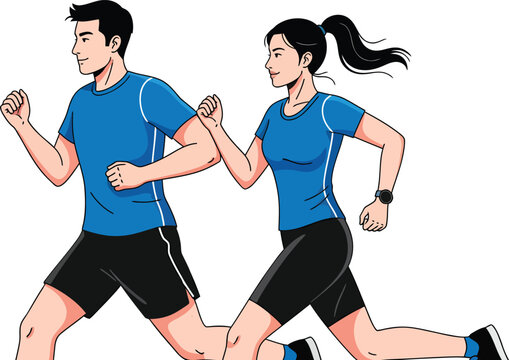 Energetic couple running together in matching athletic attire for fitness.