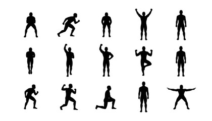 Fototapeta premium Collection of black silhouette figures in various poses against a white background in a flat vector style