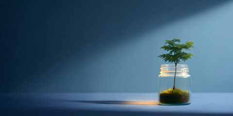 Bonsai tree in glass jar illuminated by soft light indoor setting nature photography artistic perspective