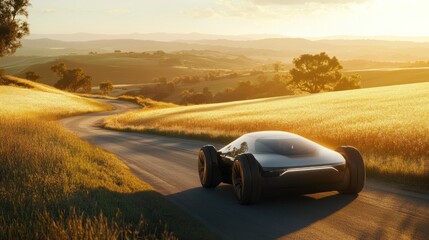 Futuristic car driving on a scenic country road during sunset.