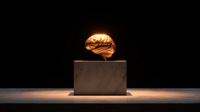 Elegant golden brain sculpture displayed on marble art installation gallery contemporary artistic concept