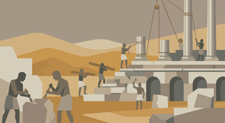 Building the Temple

Workers shaping stones and beams in geometric silhouettes, stylized temple foundation, muted stone palette. bible story