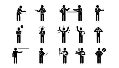 Various stick figure business people in different poses and actions on a white background in a vector image silhouette