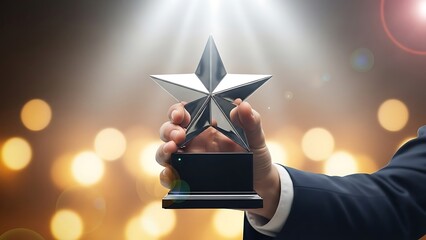 A hand in a suit holding up a gleaming silver star trophy in a spotlight, signifying achievement and recognition with a bokeh background