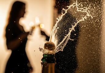A champagne bottle cork pops open with a dramatic splash during a festive celebration with people in the background.