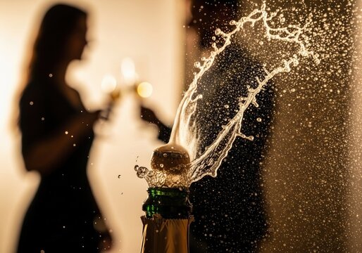 A champagne bottle cork pops open with a dramatic splash during a festive celebration with people in the background. - Powered by Adobe