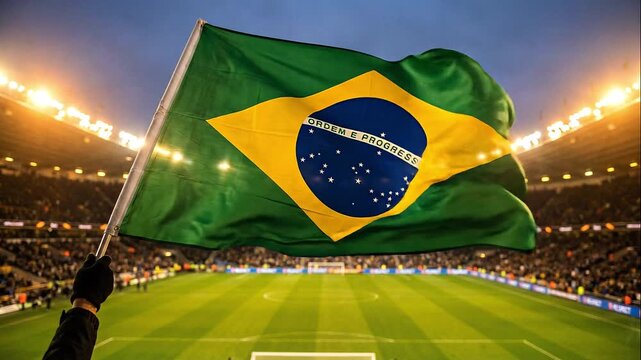 4K Sports Arena Scene with Brazil Flag Moving in the Air
