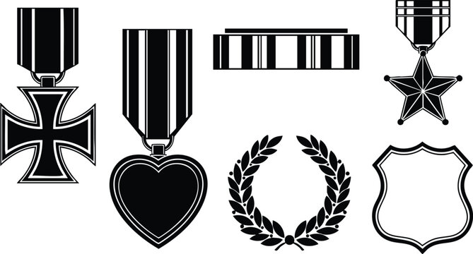 Monochrome vector art of military medals with cross heart star ribbon laurel wreath and shield emblem in flat design on white background - Powered by Adobe