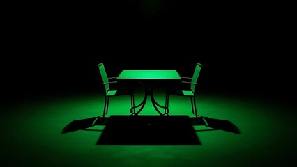 Mysterious green glow illuminates an empty table and chairs, casting dramatic shadows and creating an eerie, atmospheric meeting point in solitude