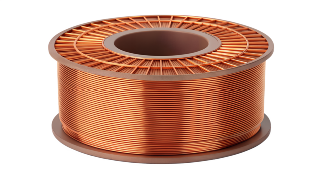 Large Coil of Bright Copper Electrical Wire Isolated on White Background