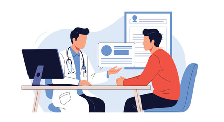 A male doctor is having a consultation with a male patient in a modern medical office, discussing a diagnosis and treatment plan at his desk.