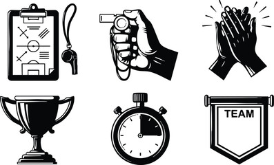 Monochrome vector art of sports coaching equipment trophy stopwatch clapping hands and team banner icons in bold flat style on clean white background