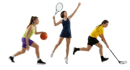 Diverse female athletes showcasing athletic prowess in various sports disciplines on a clean