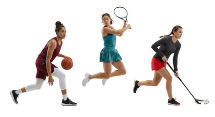 Dynamic trio of female athletes showcasing basketball, tennis, and floorball skills on transparent