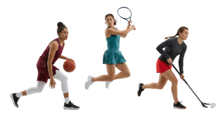 Dynamic trio of female athletes showcasing basketball, tennis, and floorball skills on transparent
