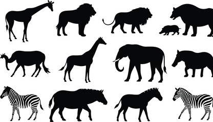 Collection of wild animal silhouettes including giraffes, lions, bears, elephants, zebras, horses and safari wildlife illustrations for nature design