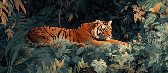 Majestic tiger resting amidst lush tropical foliage.