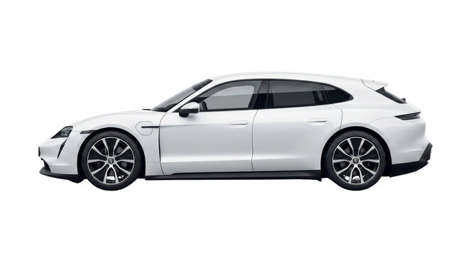 Sleek White Electric Sport Turismo Vehicle Showcase Against Isolated Transparent Setting