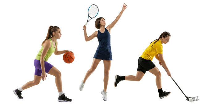 Diverse female athletes showcasing athletic prowess in various sports disciplines on a clean - Powered by Adobe