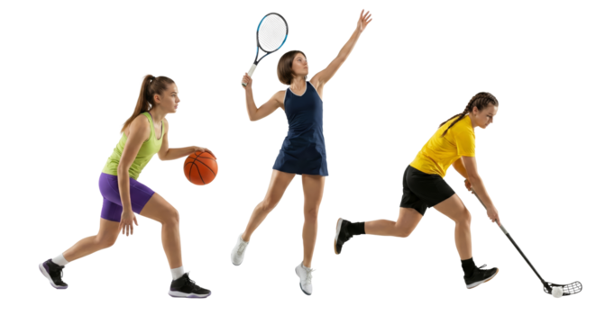 Diverse female athletes showcasing athletic prowess in various sports disciplines on a clean