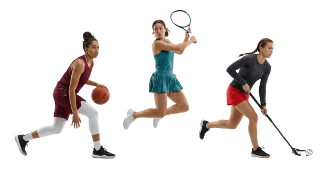 Dynamic trio of female athletes showcasing basketball, tennis, and floorball skills on transparent