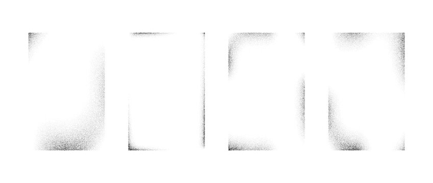 Sprayed noise frame collection. Black dotted grain rectangle border set. Stippled gradient boarder bundle for text box, banner, poster, template. Vector rough spray stencil graffiti effect frames