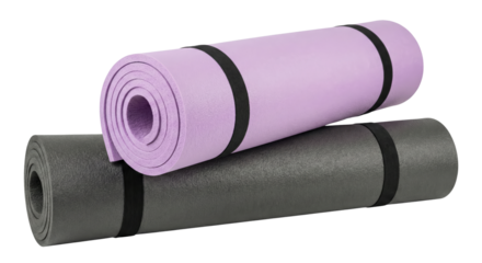 Rolled fitness accessories displaying textures and shapes on isolated transparent presentation