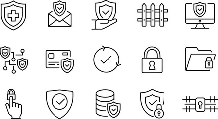 Security protection icons set featuring shields, locks, data safety symbols, cybersecurity elements, privacy safeguards, secure access visuals, digital protection illustration