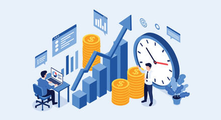 Isometric concept of financial growth and time management, with businessmen analyzing a rising stock chart next to coins and a large clock.