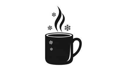 Hot drink mug with rising steam and falling snowflakes, symbolizing comfort and warmth during chilly winter season, isolated icon illustration.