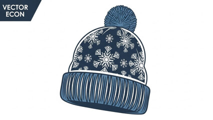 Blue winter hat with white snowflake pattern and pom-pom, a cozy knit beanie for cold weather fashion and seasonal apparel, isolated vector art.