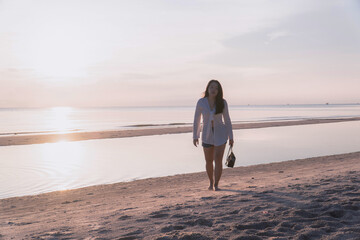 Silhouette Female Traveler Sunset Beach Scenic View