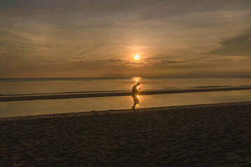 Silhouette Female Traveler Sunset Beach Scenic View