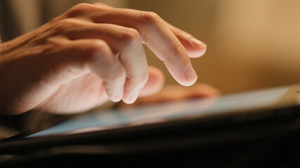 A close-up of hands operating a tablet device. An everyday scene.