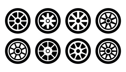 Eight black car wheel icons with different spoke designs on white background automobile wheel tire
