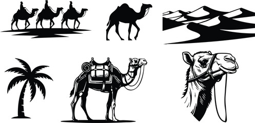 Monochrome vector art set with caravan camels palm tree saddled pack animal desert dunes and close up camel head profile in bold silhouette style