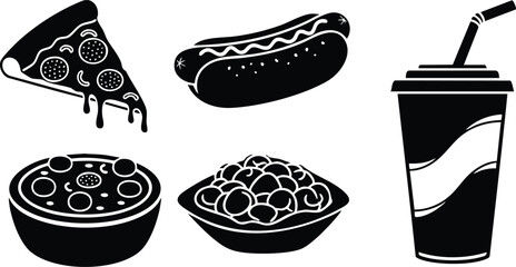 Flat design black and white fast food vector art with pizza slice hot dog pasta bowls and soda cup with straw minimal bold icons for menu graphics