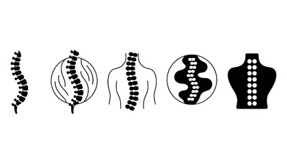 Five stylized black and white illustrations of human spines and torsos spinal column vertebrae