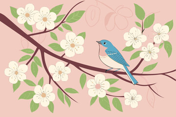 Watercolor Spring Flowers Lovely Bluebird Vector Background