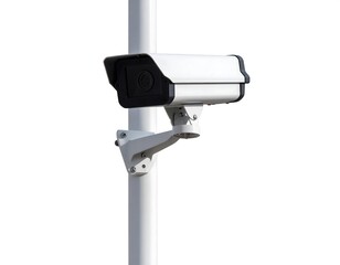 A security camera, mounted on a white pole, is displayed against a blank white backdrop. The camera is white